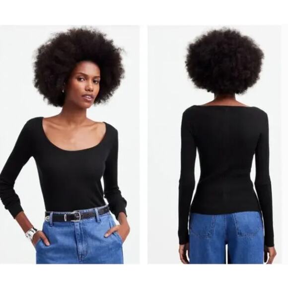 NWT Madewell Merino Wool Silk Blend Scoopneck Sweater True Black NS654 Size XXS - Picture 1 of 5